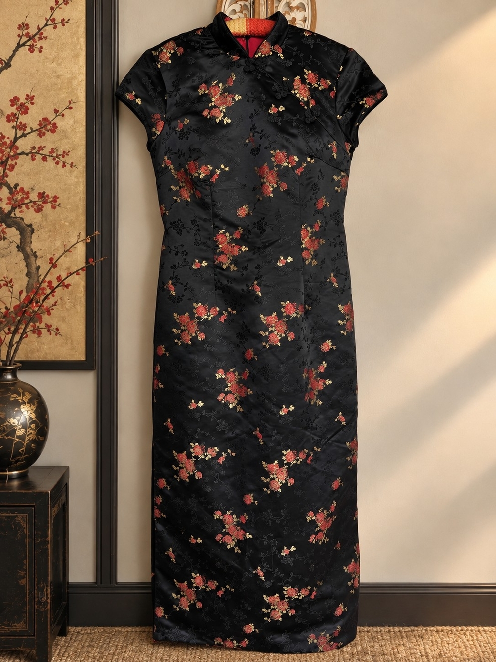 Vintage 90s Robbie Bee Whimsy Goth Cheongsam Qipao Dress Black Floral Size 8